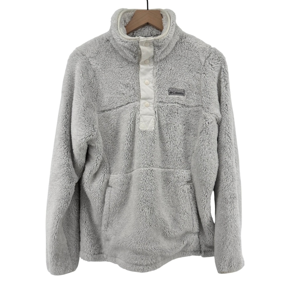 Columbia Half Snap Cloudy Day Fleece Pullover White Women L Cozy Kangaroo Pocket